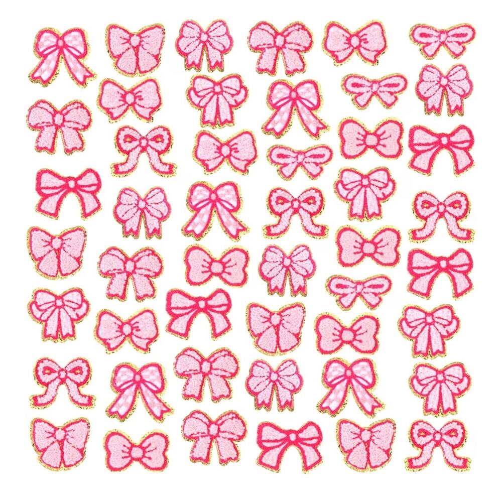 48 Pcs Christmas Pink Bow Iron on Patches Coquette Chenille Patches Gold Edges
